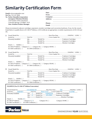 VEL1728 Parker Velcon Similarity Certification Form for Vessels Used in Aviation Fuel Filtration VEL1728 Parker Velcon Similarit