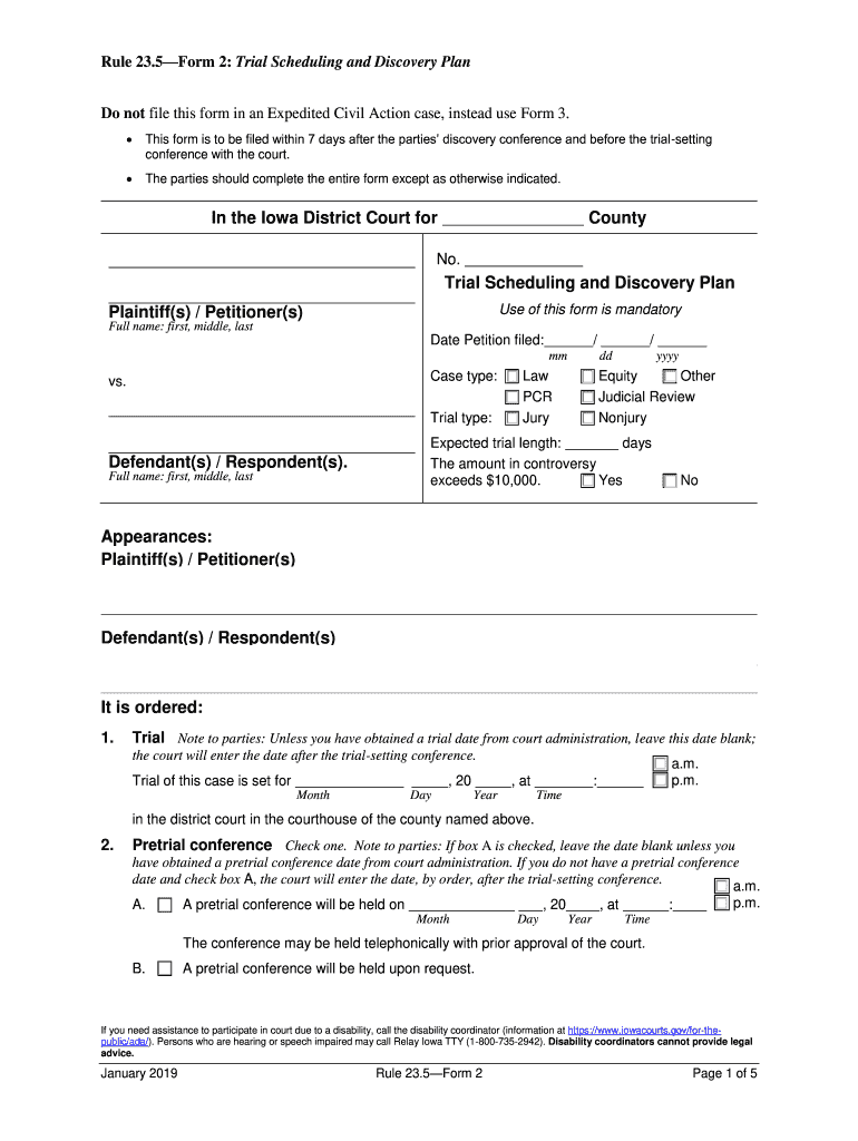  Iowa Trial Scheduling and Discovery Plan 2019-2024