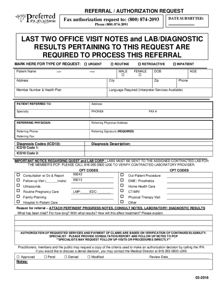  Authorization Referral Form Preferred IPA 2016-2024