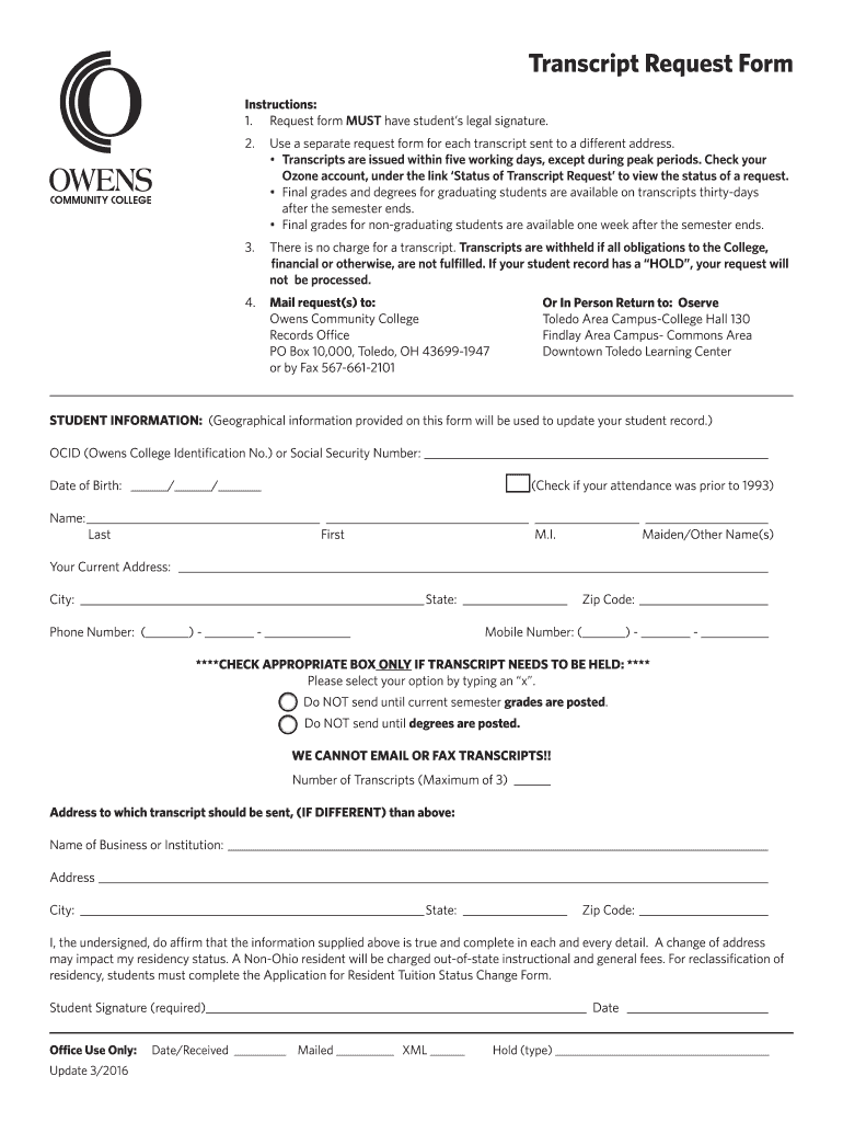  Owens Community College Transcripts 2016-2024
