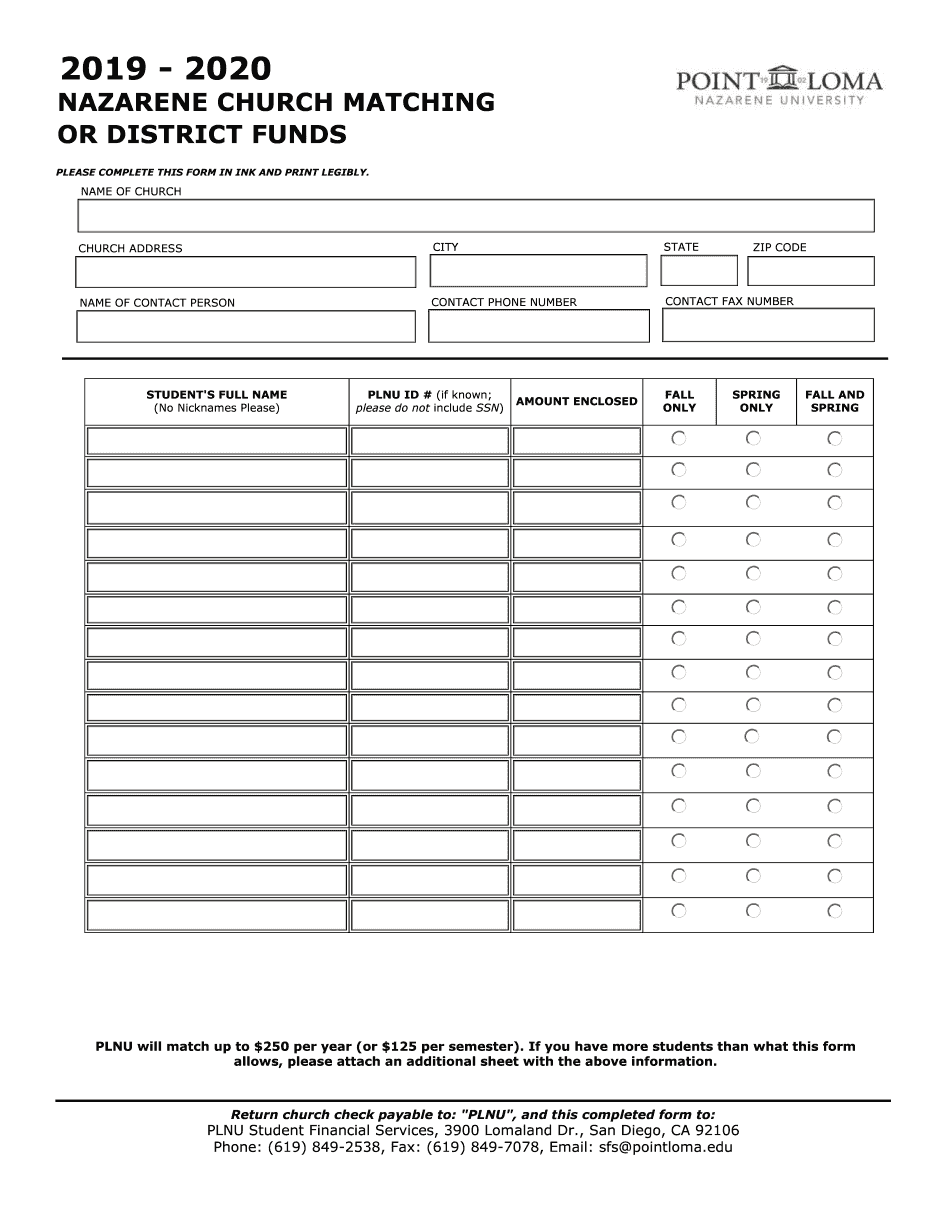  Nazarene Church Matching Form 2019-2024