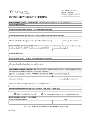 OUTGOING WIRE INSTRUCTIONS Stock Transfer Agent  Form