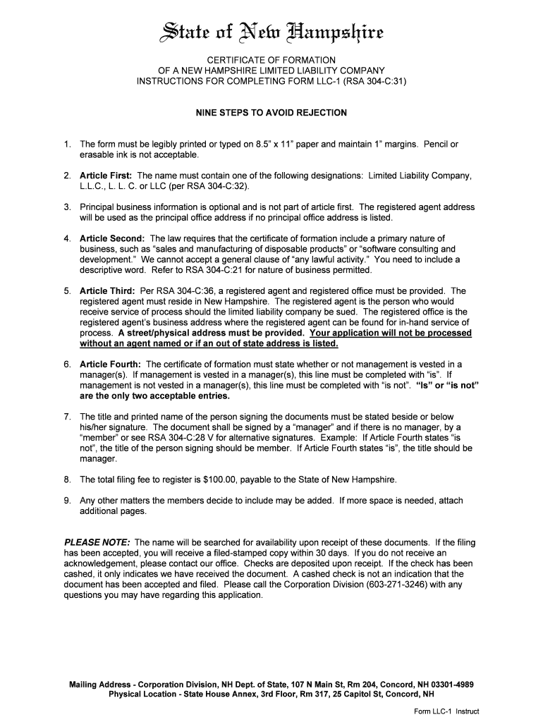  LLC 1 Certificate of Formation of a NH Limited Liability Company 2018-2024