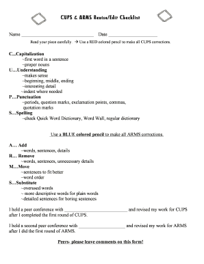 Arms and Cups Checklist PDF  Form