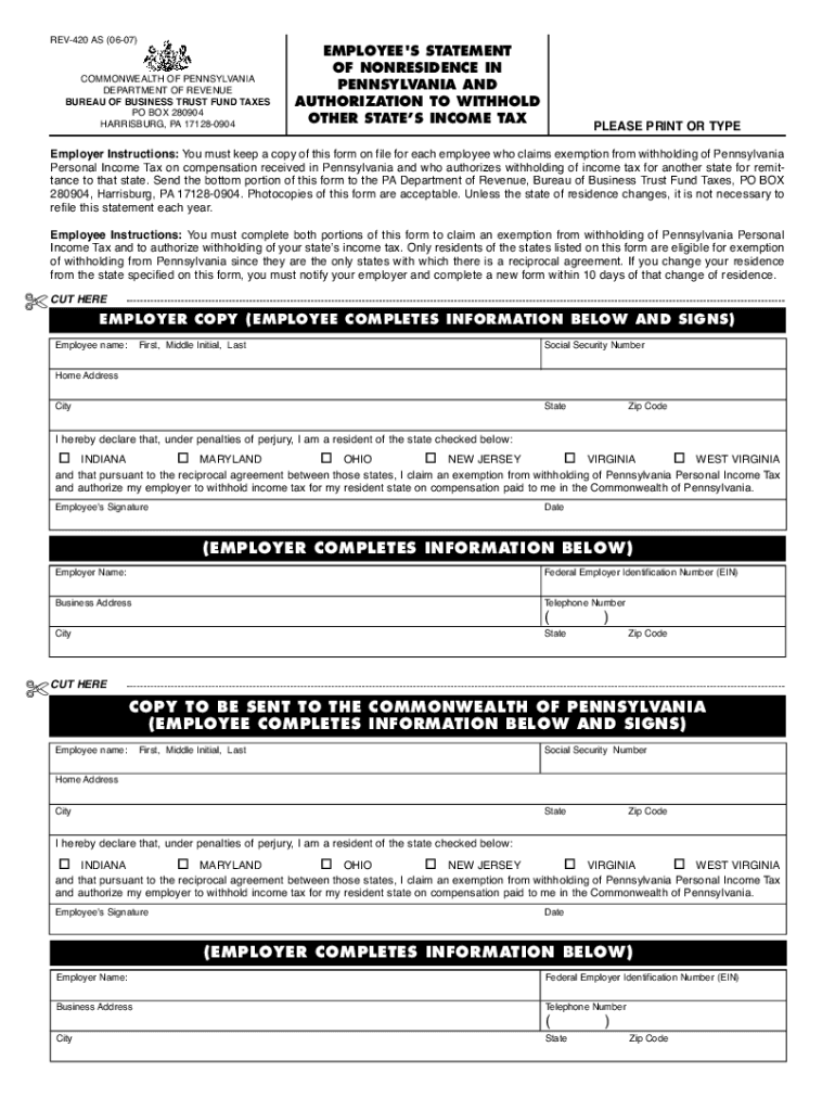 Employee&#039;s Statement of Nonresidence in Pennsylvania and Authorization to Withhold Other State&#039;s Income Tax REV 420 Fo  Form