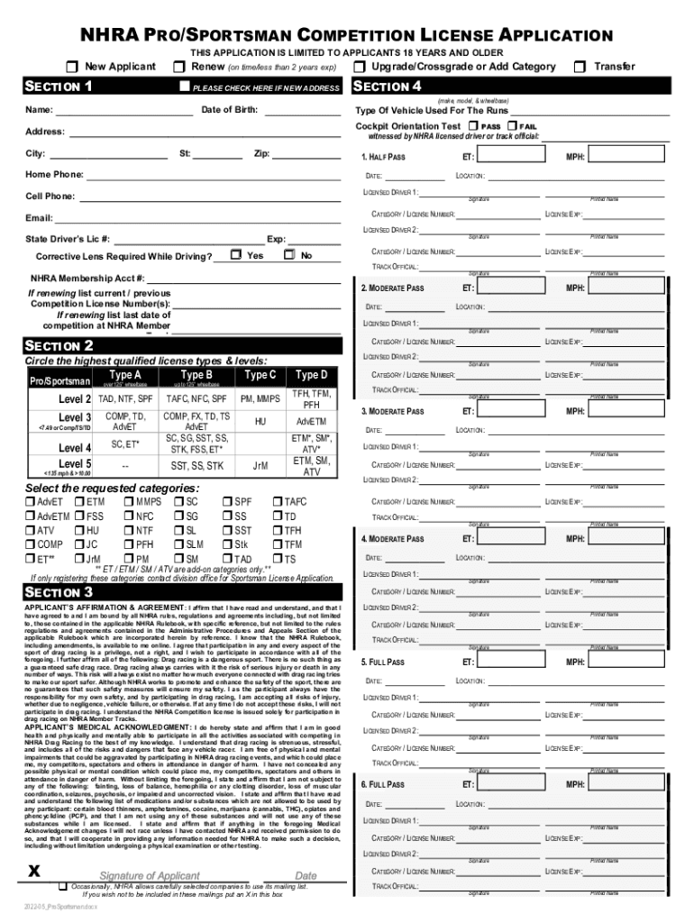  NHRA ProSportsman Comeptition License Application &amp; Medical Certificate 2022-2024