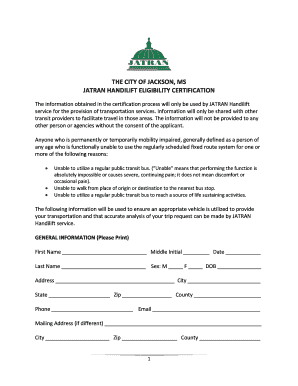 The City of Jackson, Ms Jatran Handilift Eligibility Certification  Form