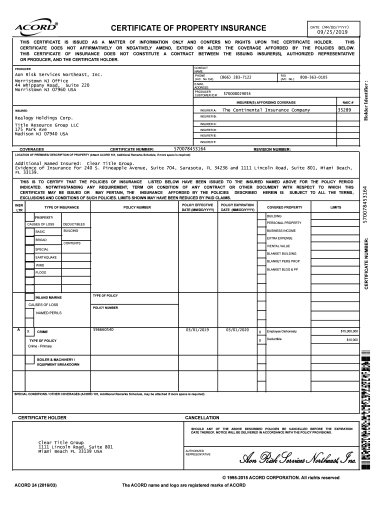 CERTIFICATE of PROPERTY INSURANCE Trgc Com  Form