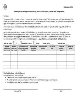 New Jersey Student Learning Assessment Chain of Custody Form for CBT Materials