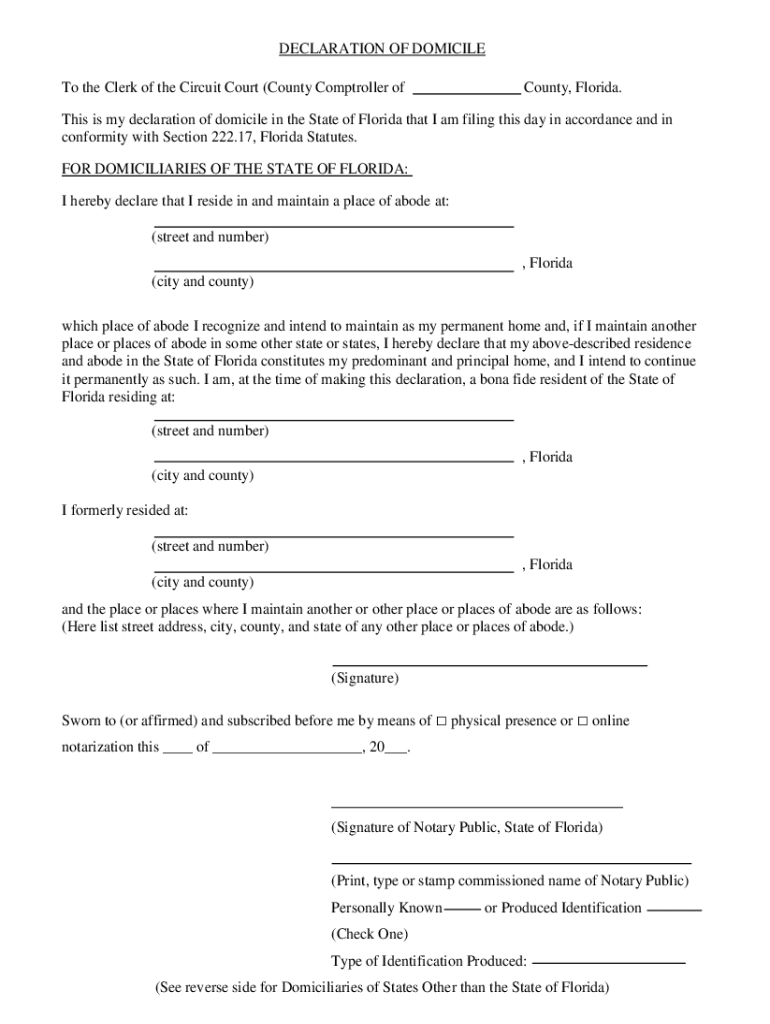 Declaration of Domicile Broward County  Form