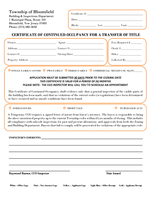 Bloomfield Nj Certificate of Occupancy  Form