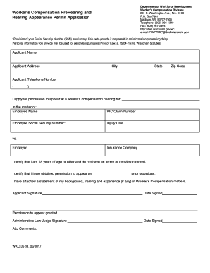  WKC 35, WC Hearing Appearance This is an Application for Permission to Appear at a Worker's Compensation Hearing 2017-2024