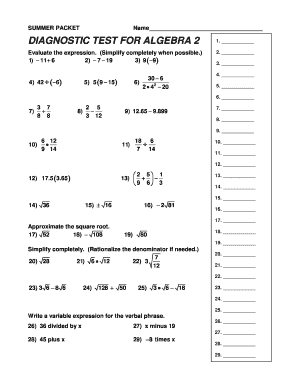Algebra 2 Diagnostic Test  Form