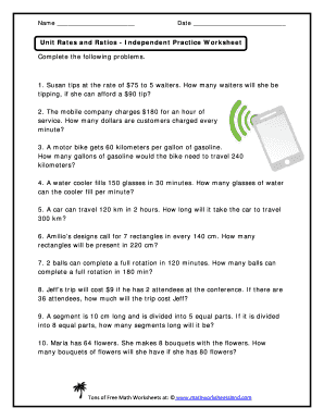 Unit Rates and Ratios Independent Practice Worksheet  Form