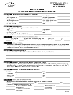 Power of Attorney City of Colorado Springs Finance Division Sales Tax  Form