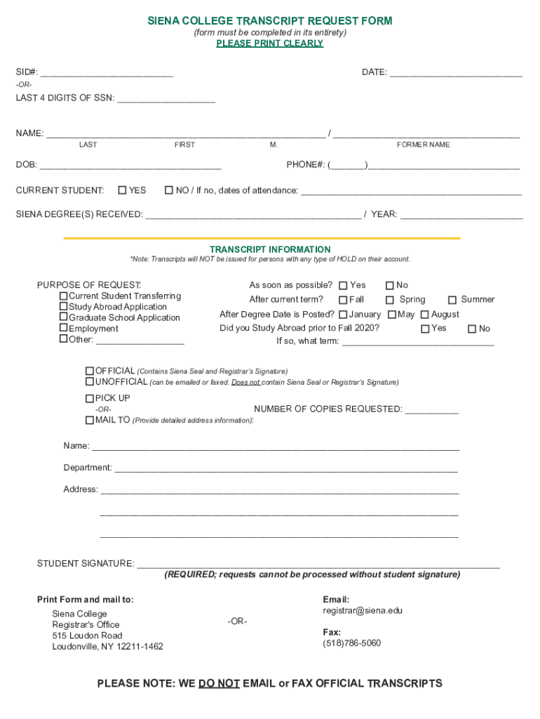  Siena College Transcript Request Form 2020-2026