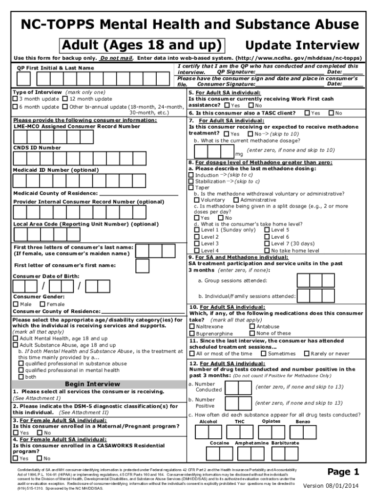  NC NC TOPPS Mental Health and Substance Abuse Adult Ages 18 and Up Update Interview 2014-2024