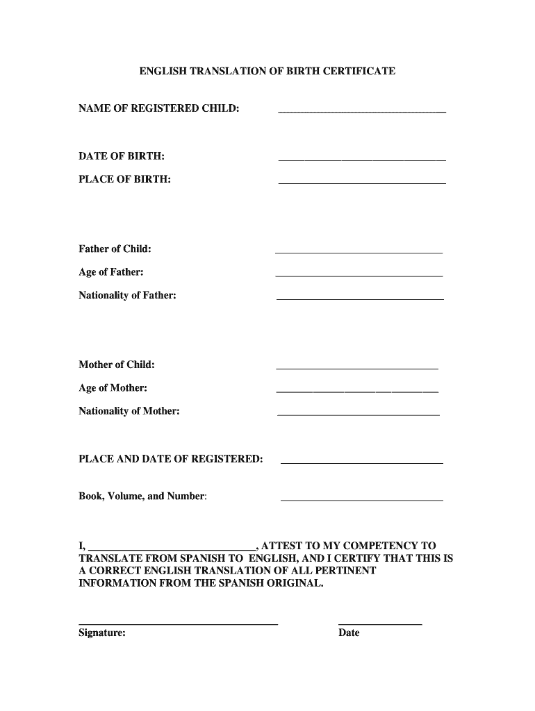 Birth Certificate Translation Template  Form