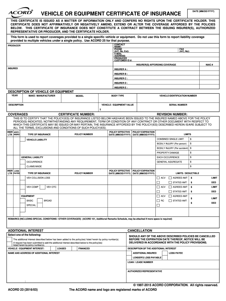 Vehicle or Equipment Certificate of Insurance  Form