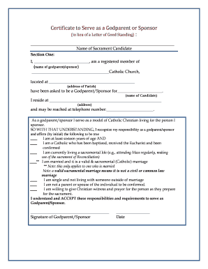 Letter of Good Standing for Godparent  Form