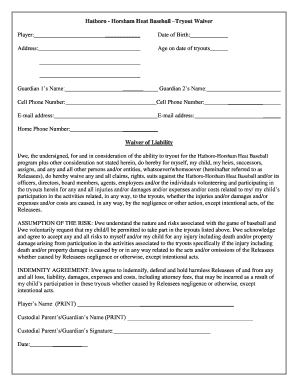Baseball Tryout Waiver Form