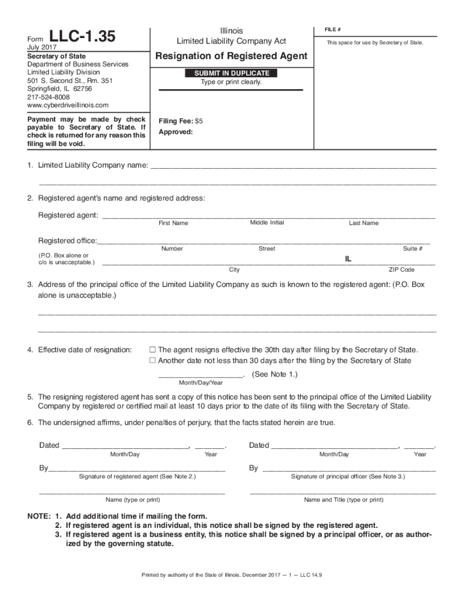Illinois Liability Company Act Resignation of Registered Agent  Form
