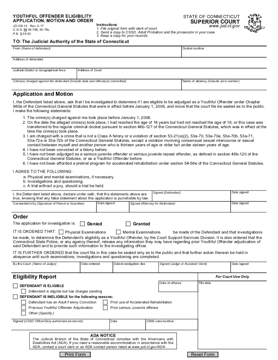 YOUTHFUL OFFENDER ELIGIBILITY APPLICATION, MOTION and ORDER 2017-2024