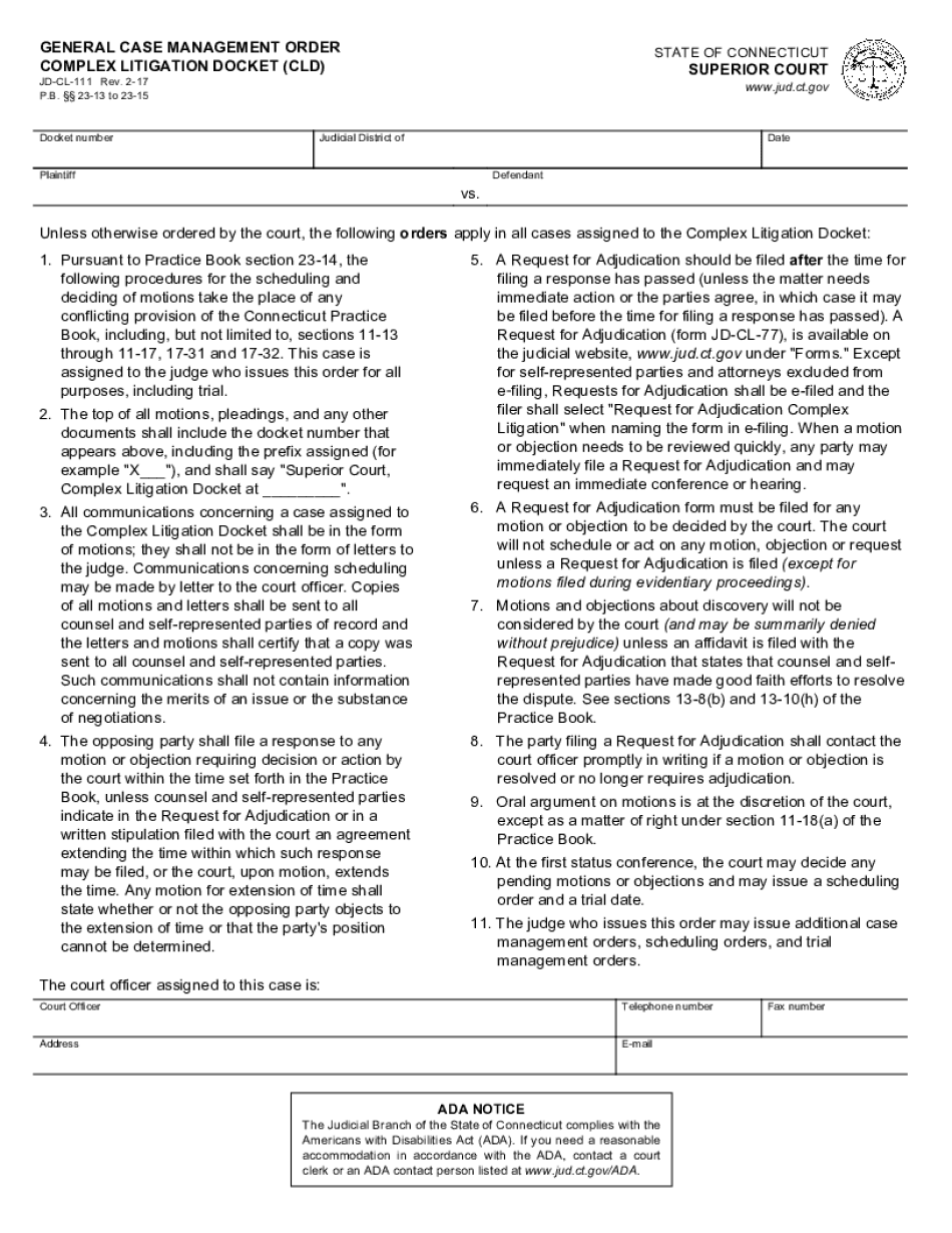  GENERAL CASE MANAGEMENT ORDER COMPLEX LITIGATION DOCKET CLD 2017