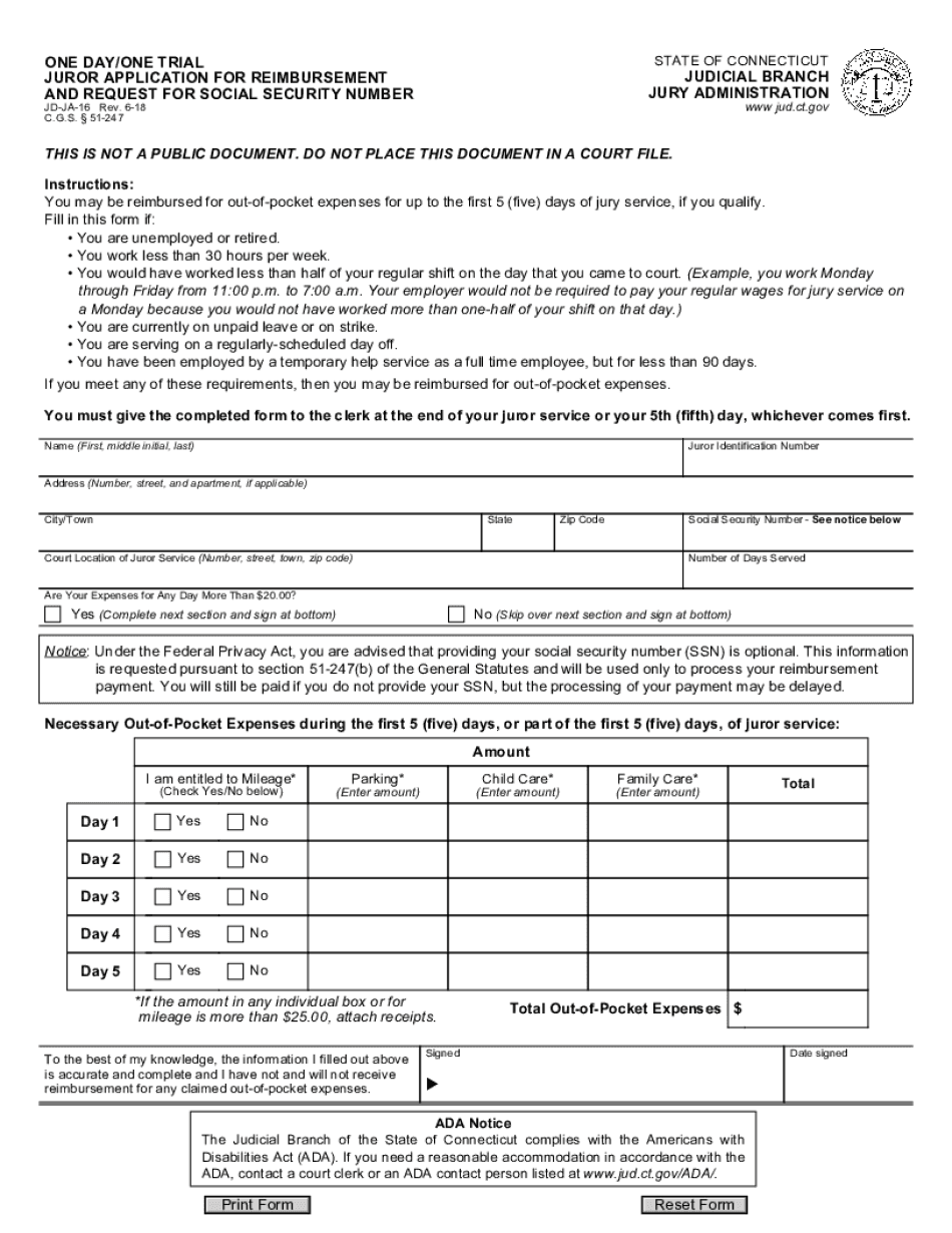  ONE DAYONE TRIALJUROR APPLICATION for REIMBURSEMENT and REQUEST for SOCIAL SECURITY NUMBER 2018-2024