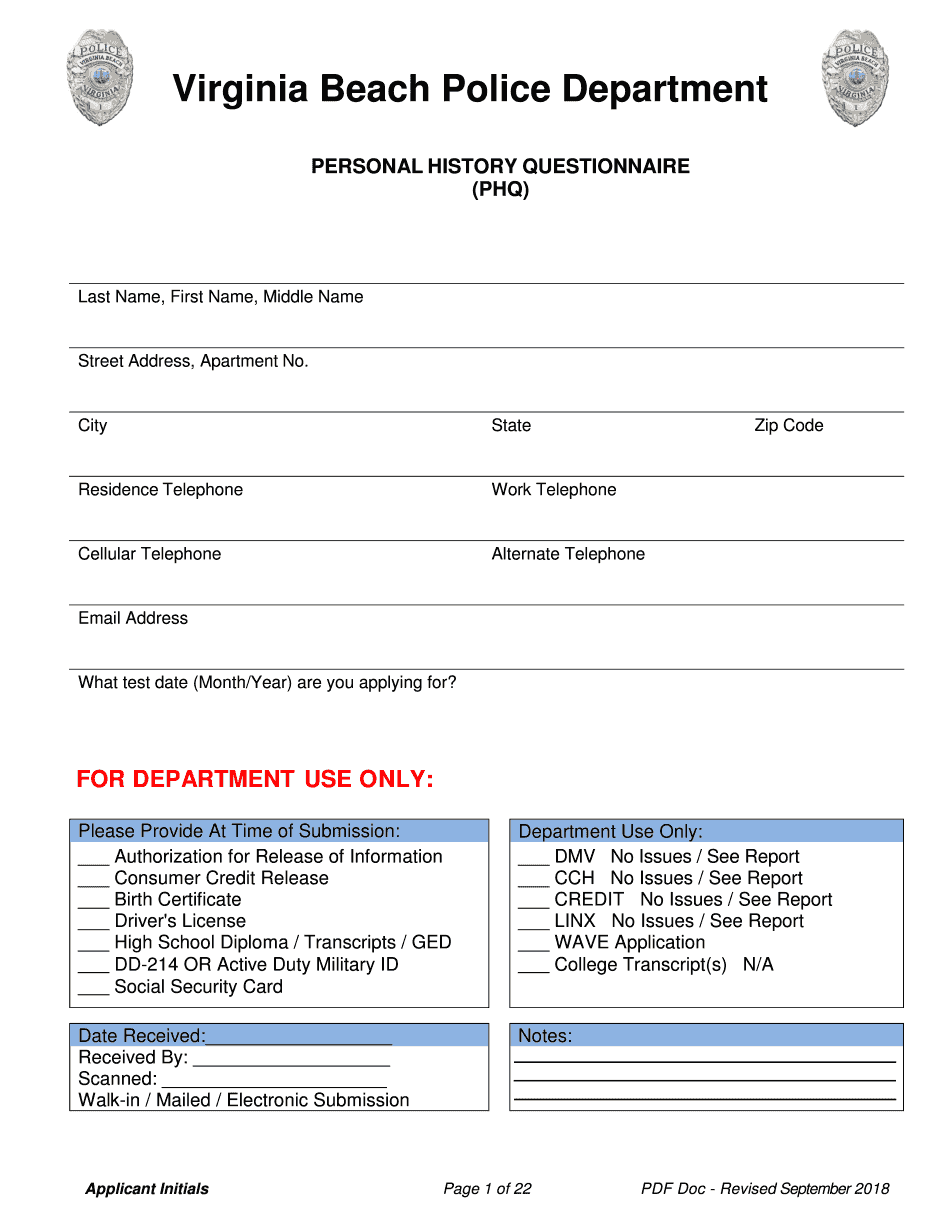  Personal History Questionnaire 2018-2024