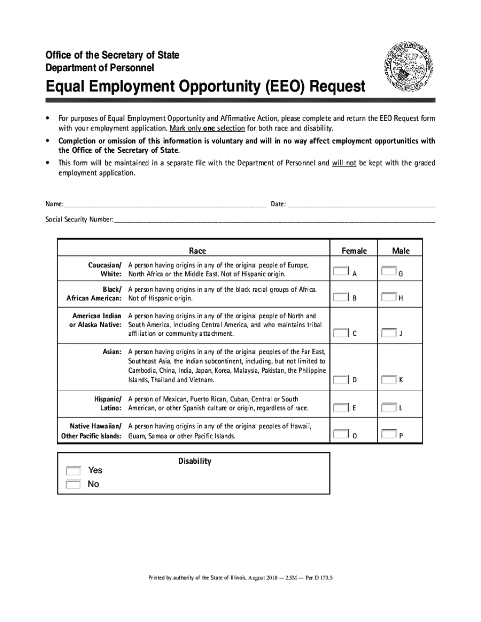  Office of the Illinois Secretary of State Equal Employment Opportunity EEO Request 2018
