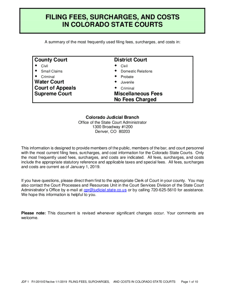  FILING FEES and COSTS in COLORADO STATE COURTS 2019-2024