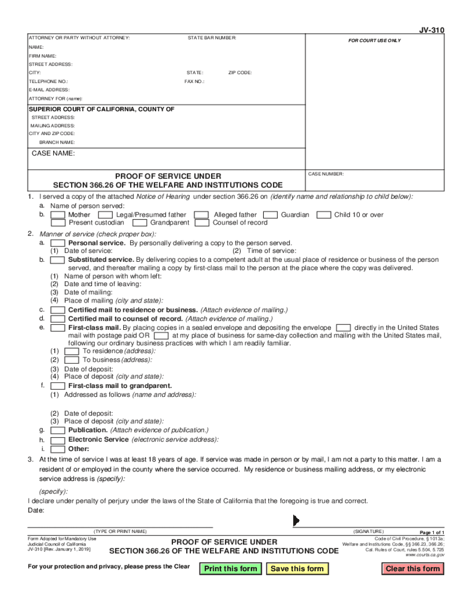  JV 310 PROOF of SERVICE UNDERSECTION 366 26 of the WELFARE and INSTITUTIONS CODE Judicial Council Forms 2019-2024