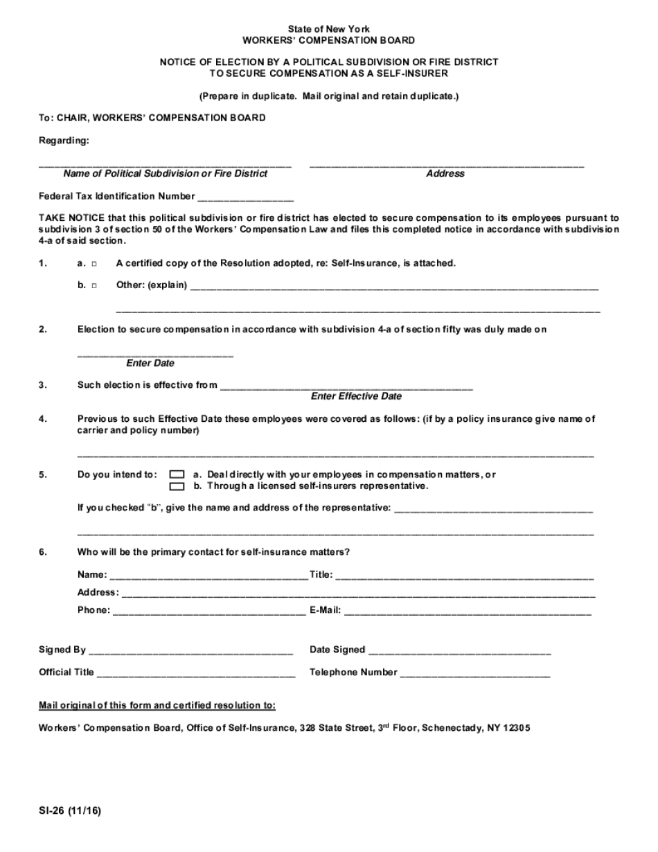  SI 26 Notice of Election by Political Subdivision or Fire District to Secure Compensation as a Self Insurer Do 2016-2024