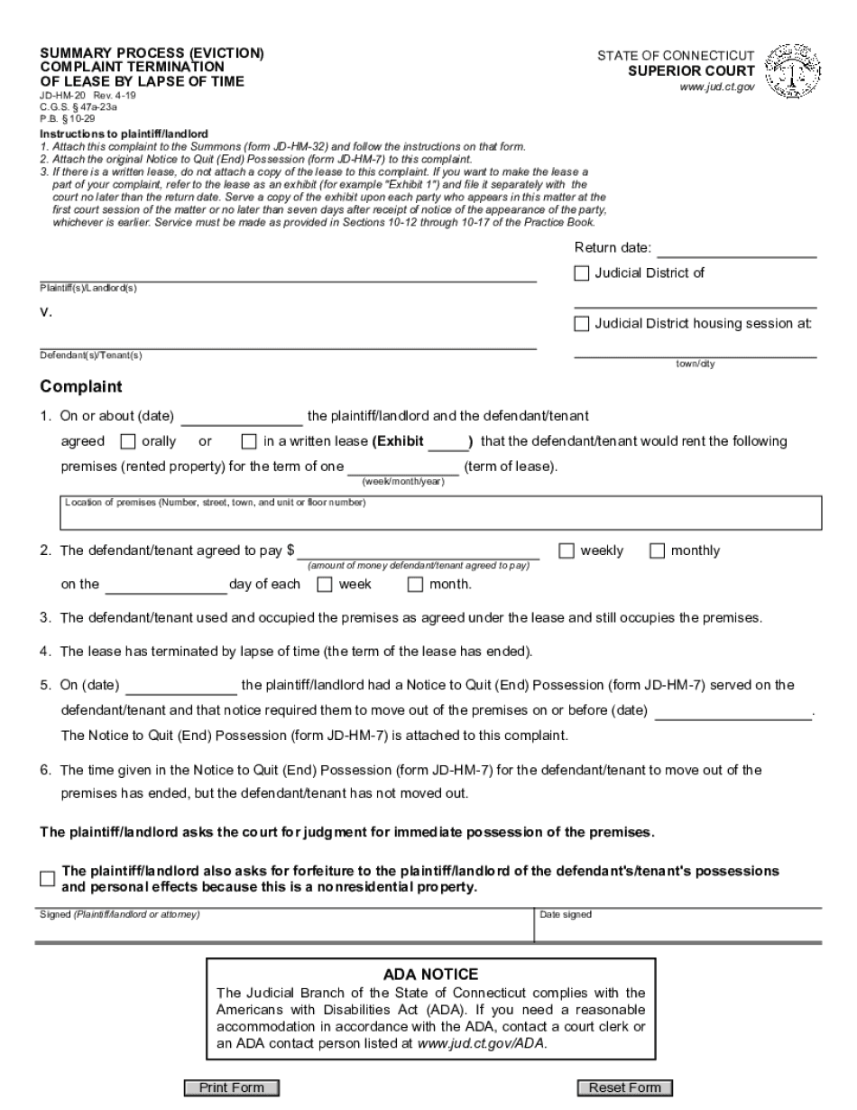  SUMMARY PROCESS EVICTION COMPLAINT TERMINATION of LEASE by LAPSE of TIME 2019-2024