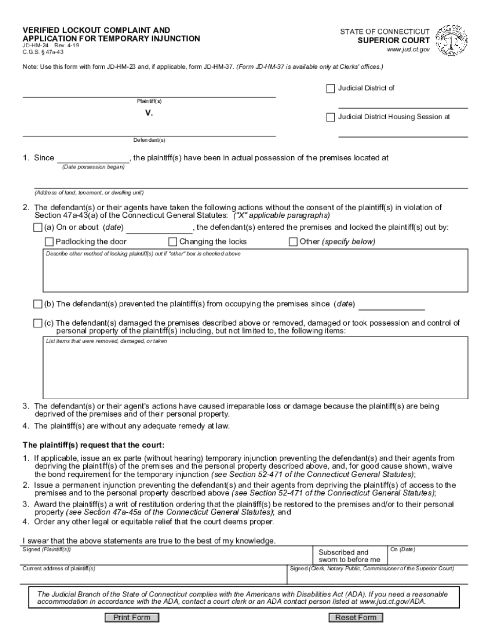  VERIFIED LOCKOUT COMPLAINT and APPLICATION for TEMPORARY INJUNCTION 2019-2024