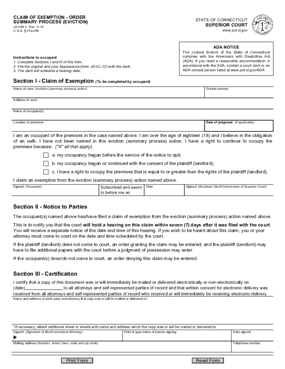  CLAIM of EXEMPTIONORDERSUMMARY PROCESS EVICTION 2019-2024