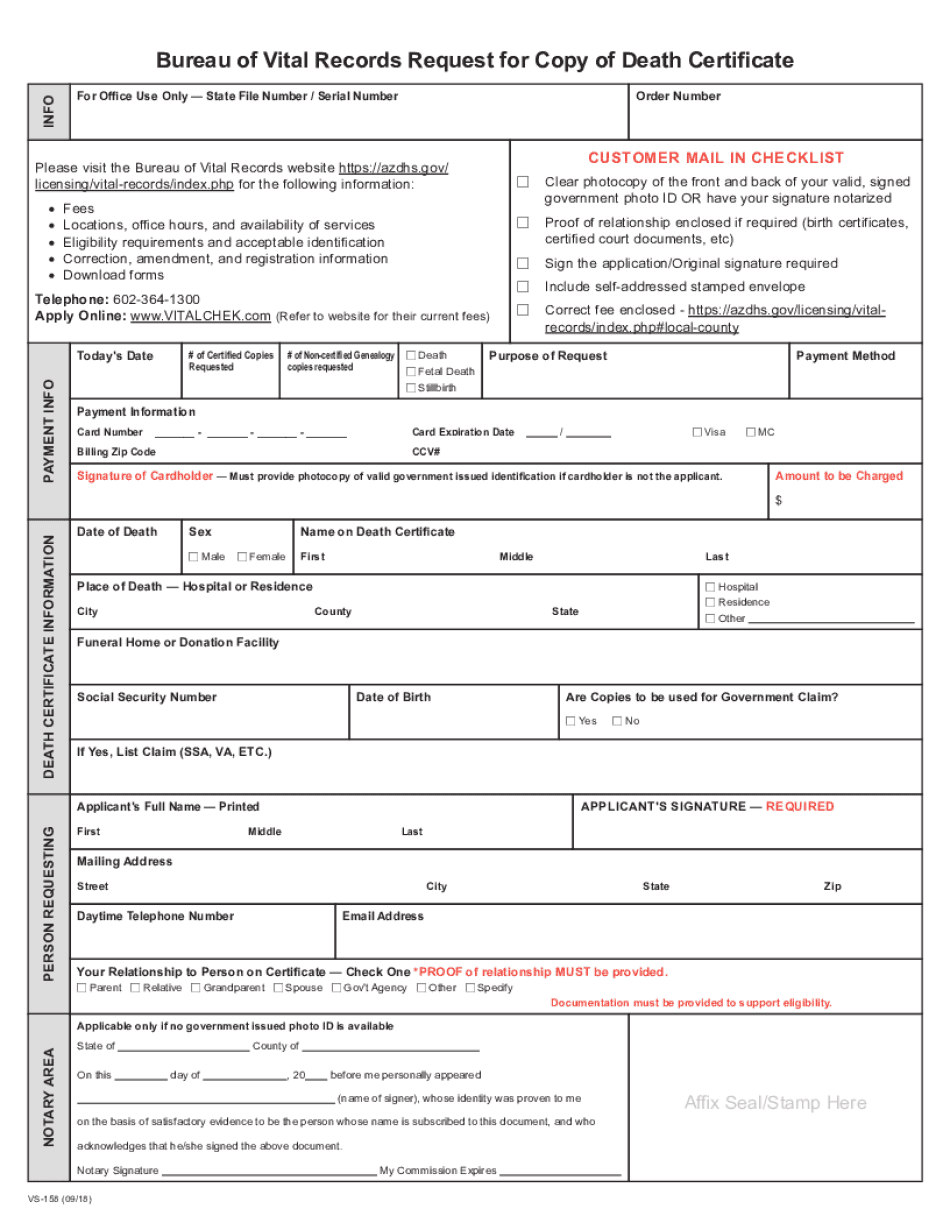 Bureau of Vital Records Request for Copy of Death Certicate  Form