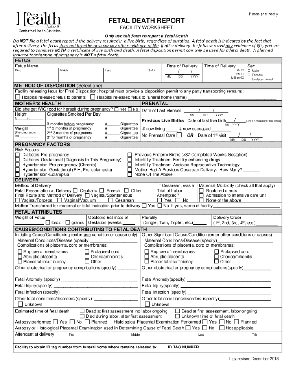 Facility Worksheet for Oregon Fetal Death Certificate Word Version  Form