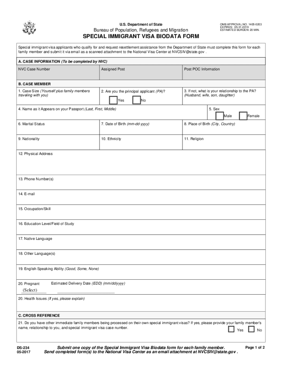 DS 234 Special Immigrant Visa Biodata  Form