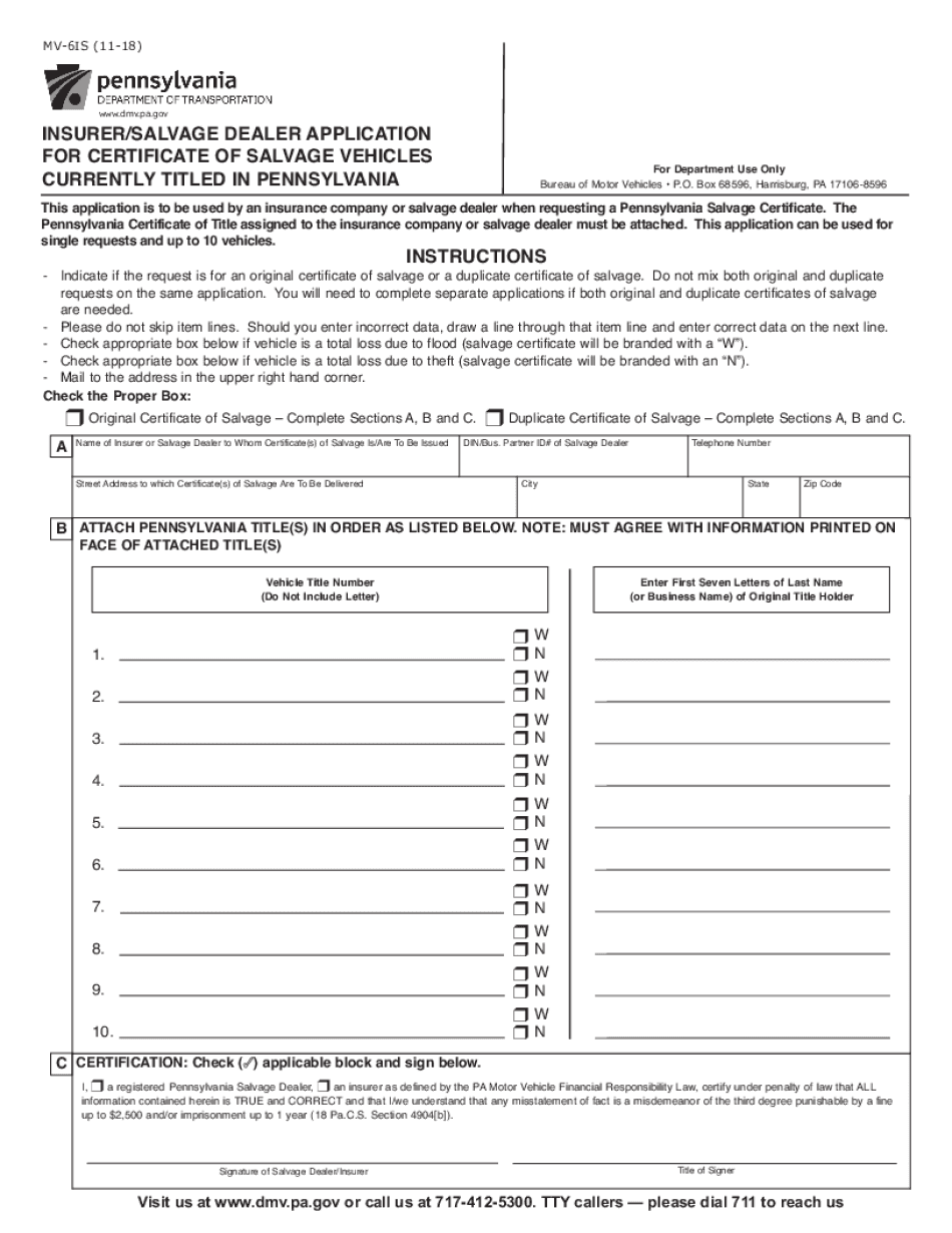 Pa Salvage Certificate 2018-2024 Form - Fill Out and Sign Printable PDF