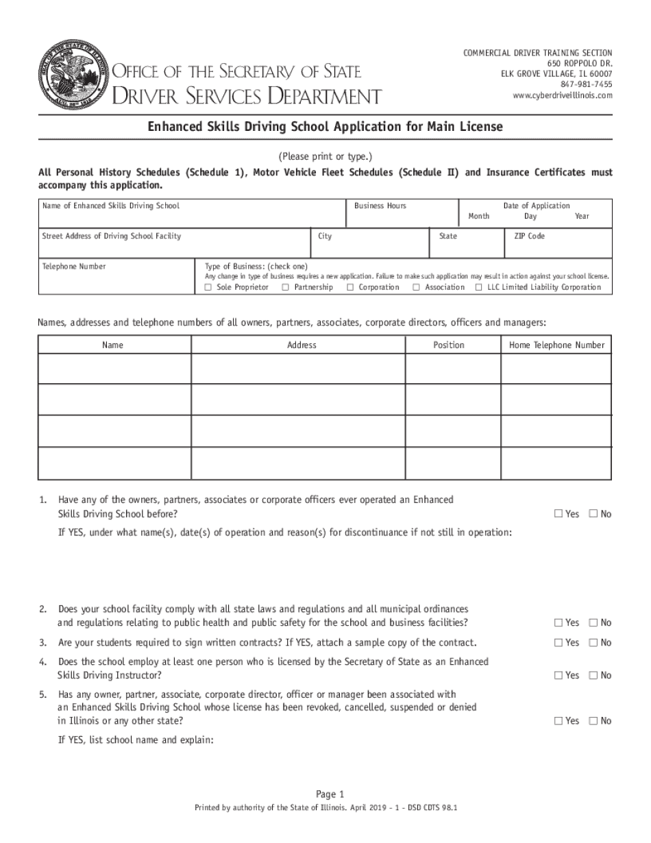  Illinois Enhanced Skills Driving School Application for Main License 2019