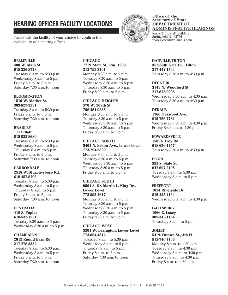  HEARING OFFICER FACILITY LOCATIONS 2019