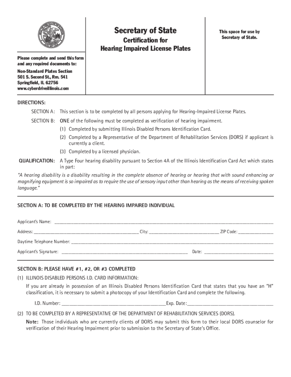  Illinois Certification for Hearing Impaired License Plates 2018-2024