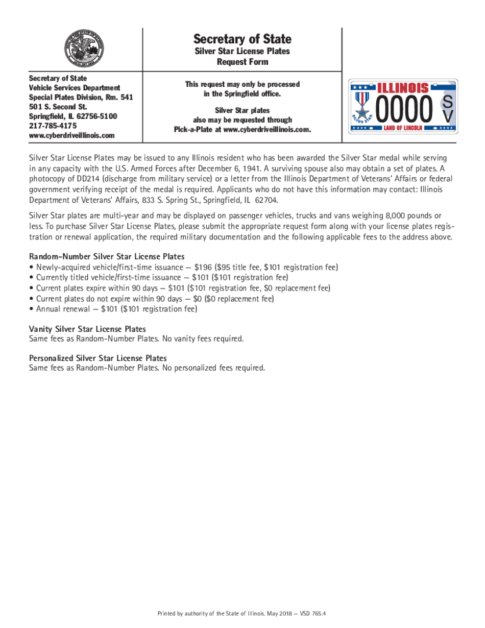 Illinois Silver Star License Plates Request Form 2018-2024