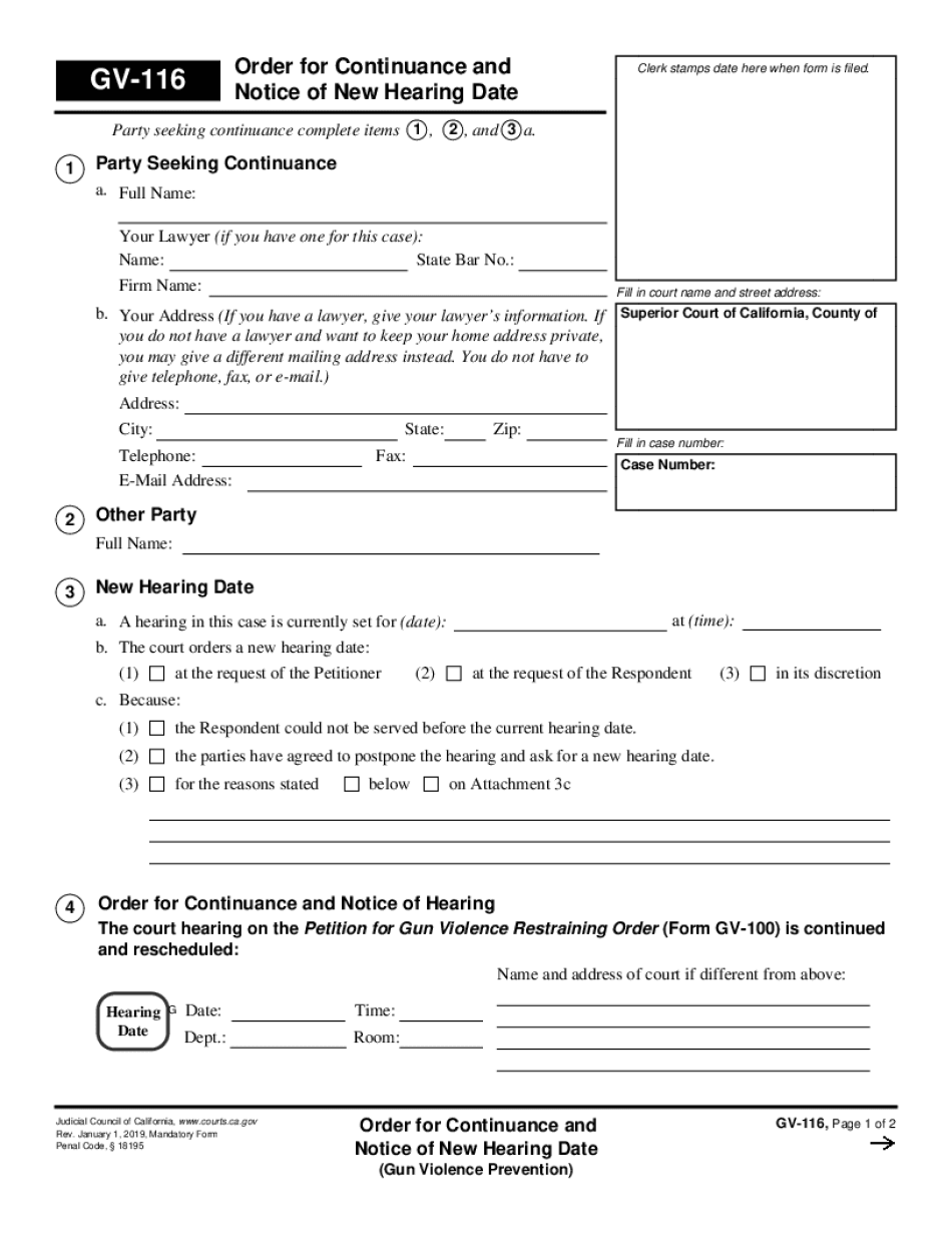  GV 116 Order for Continuance and Notice of New Hearing Date Judicial Council Forms 2019