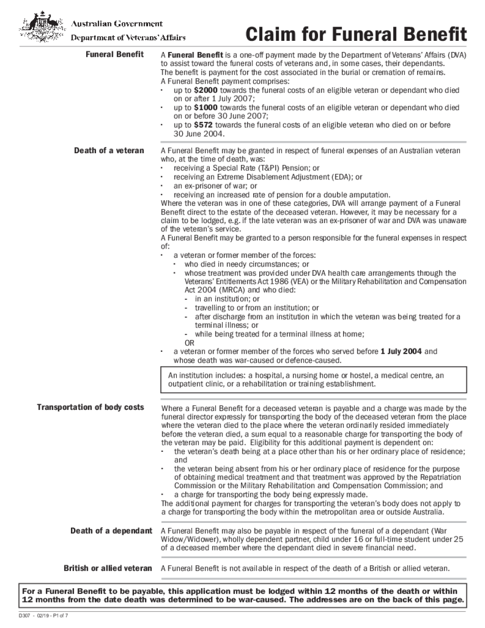  D0307 Claim for Funeral Benefit 2019