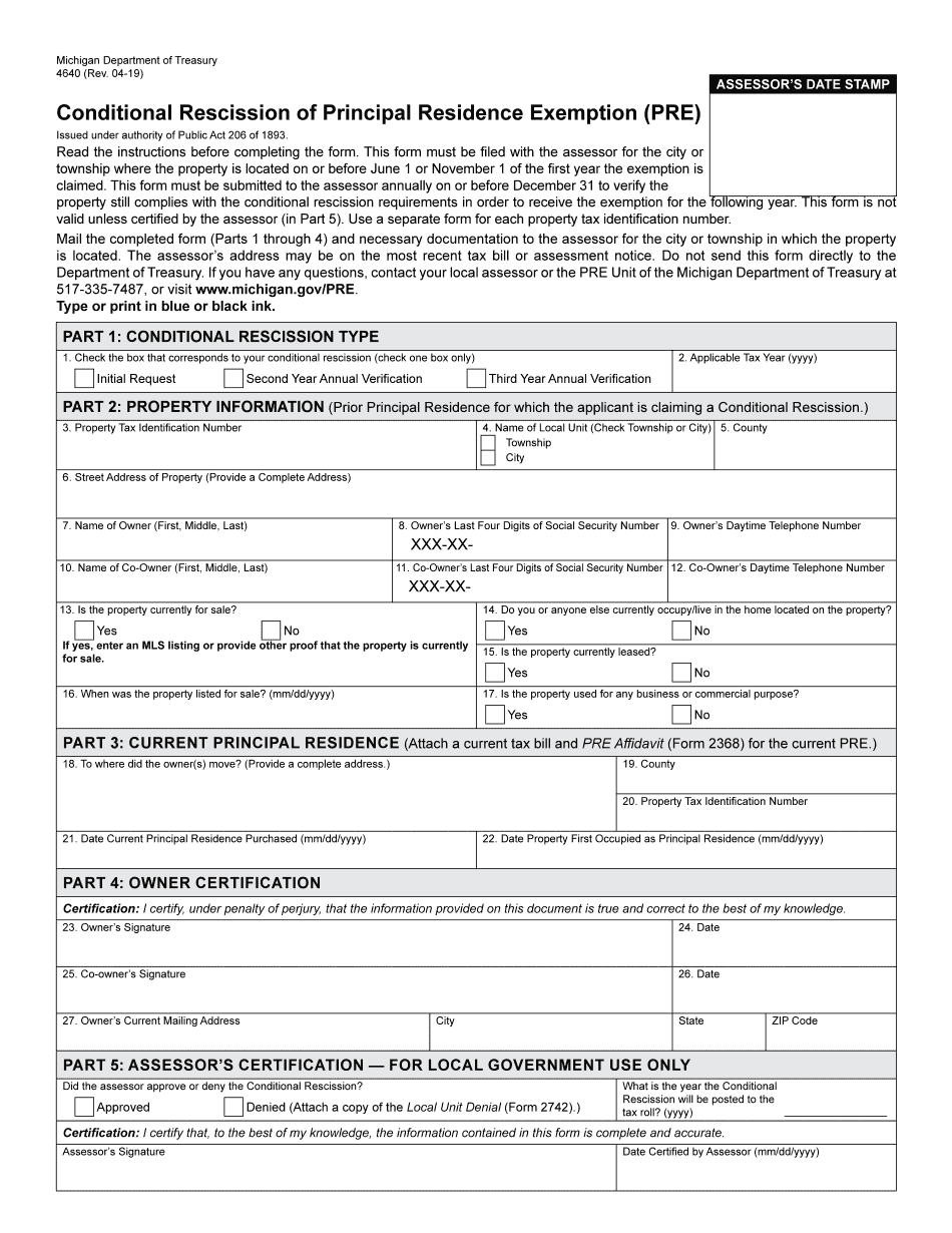  Principal Residence Michigan Form 2019-2024