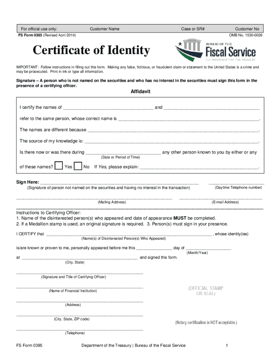  FS Form 0385 Revised April 19 Certificate of Identity 2019-2024