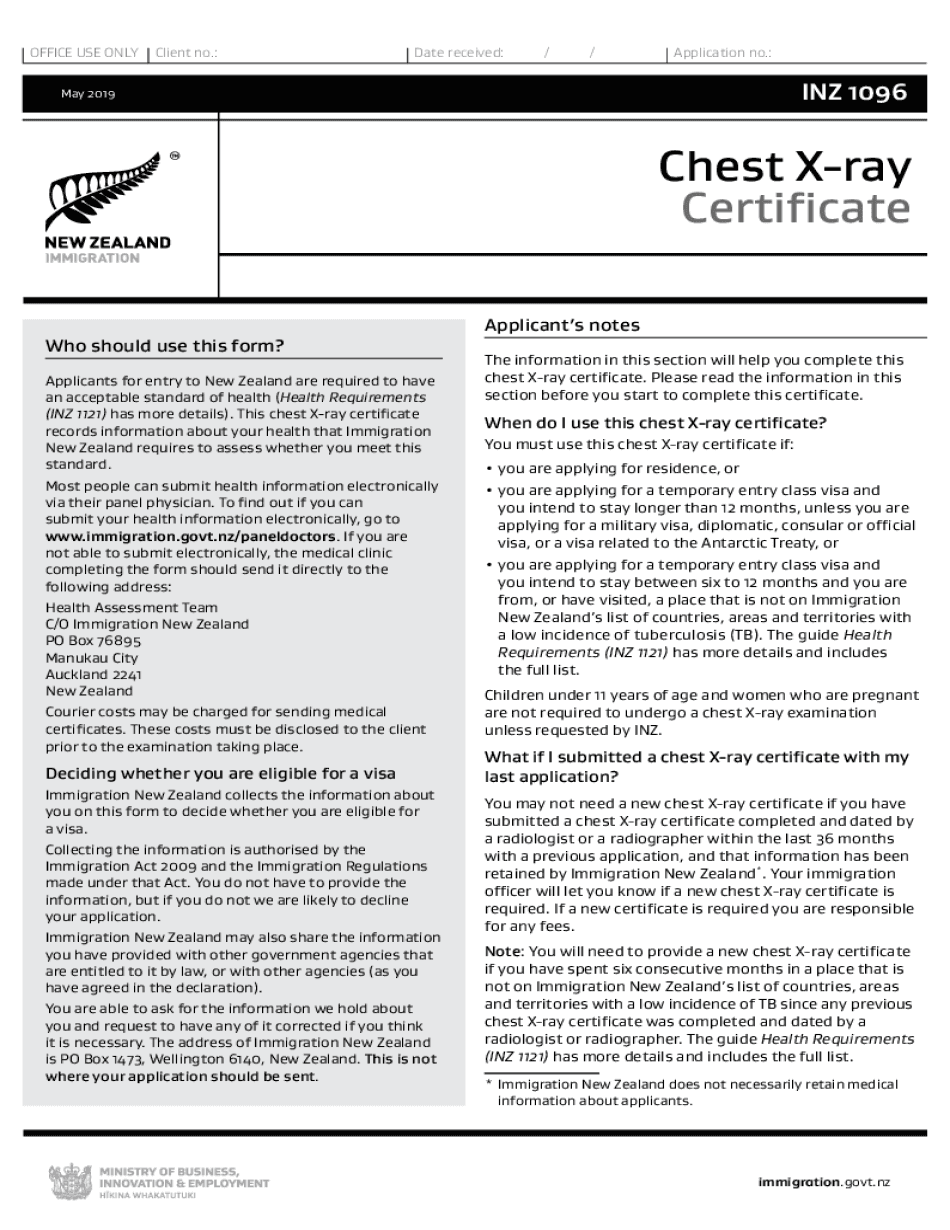 Chest X Ray Certificate INZ 1096 2019-2025